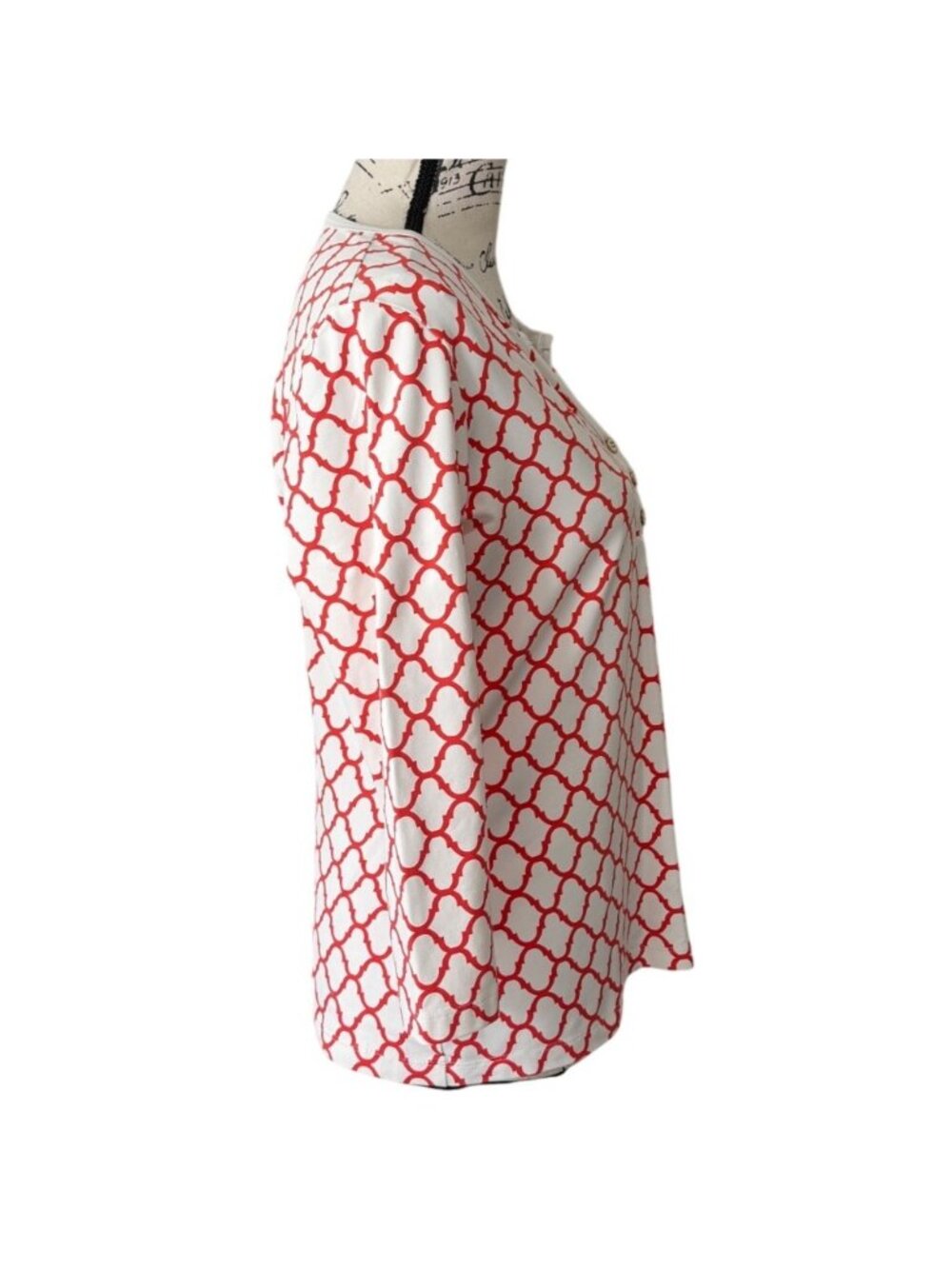 J. McLaughlin Womens Size M Top White Red Geometric 3/4-Sleeve Catalina Henley - Picture 2 of 8